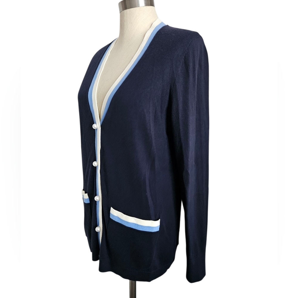 TALBOTS Super Soft Contrast Trim Navy Blue Cardigan | SZ M - Picture 2 of 12